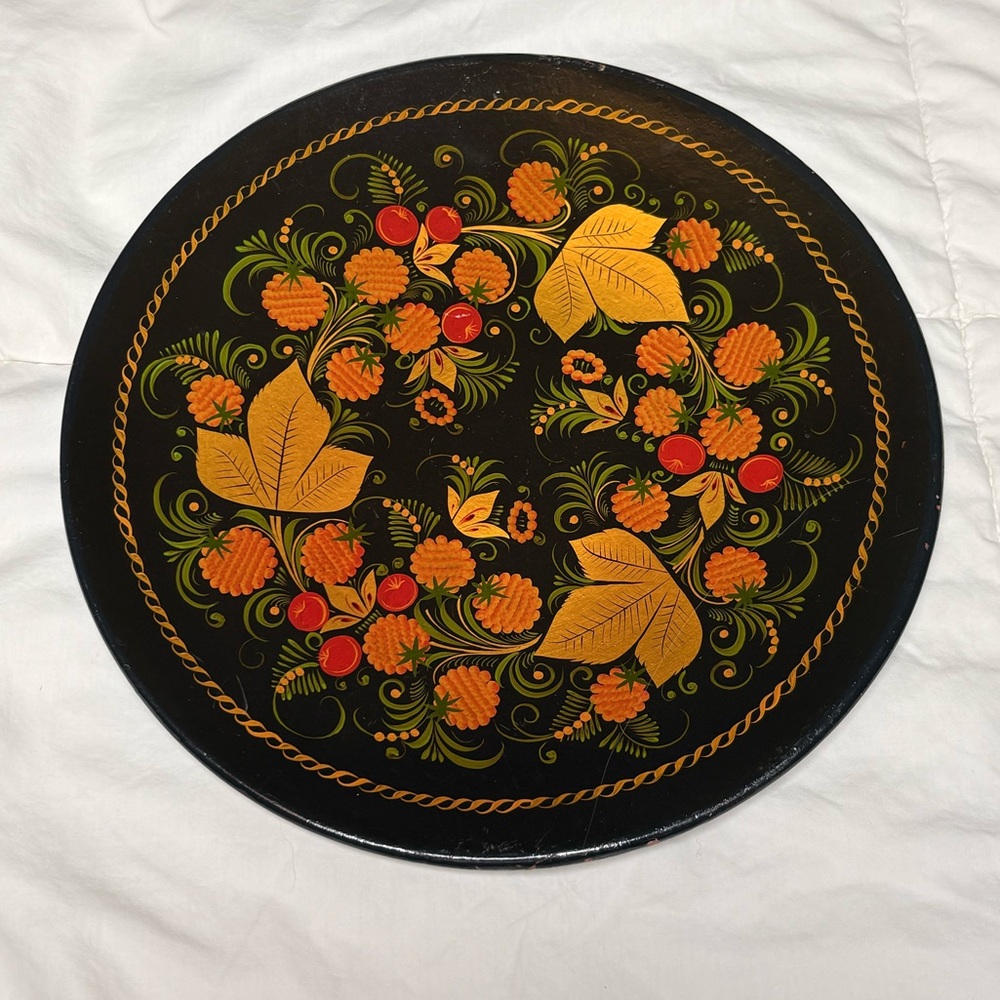Vintage Russian Decorative Black and Orange Floral Wooden Lacquered Plate